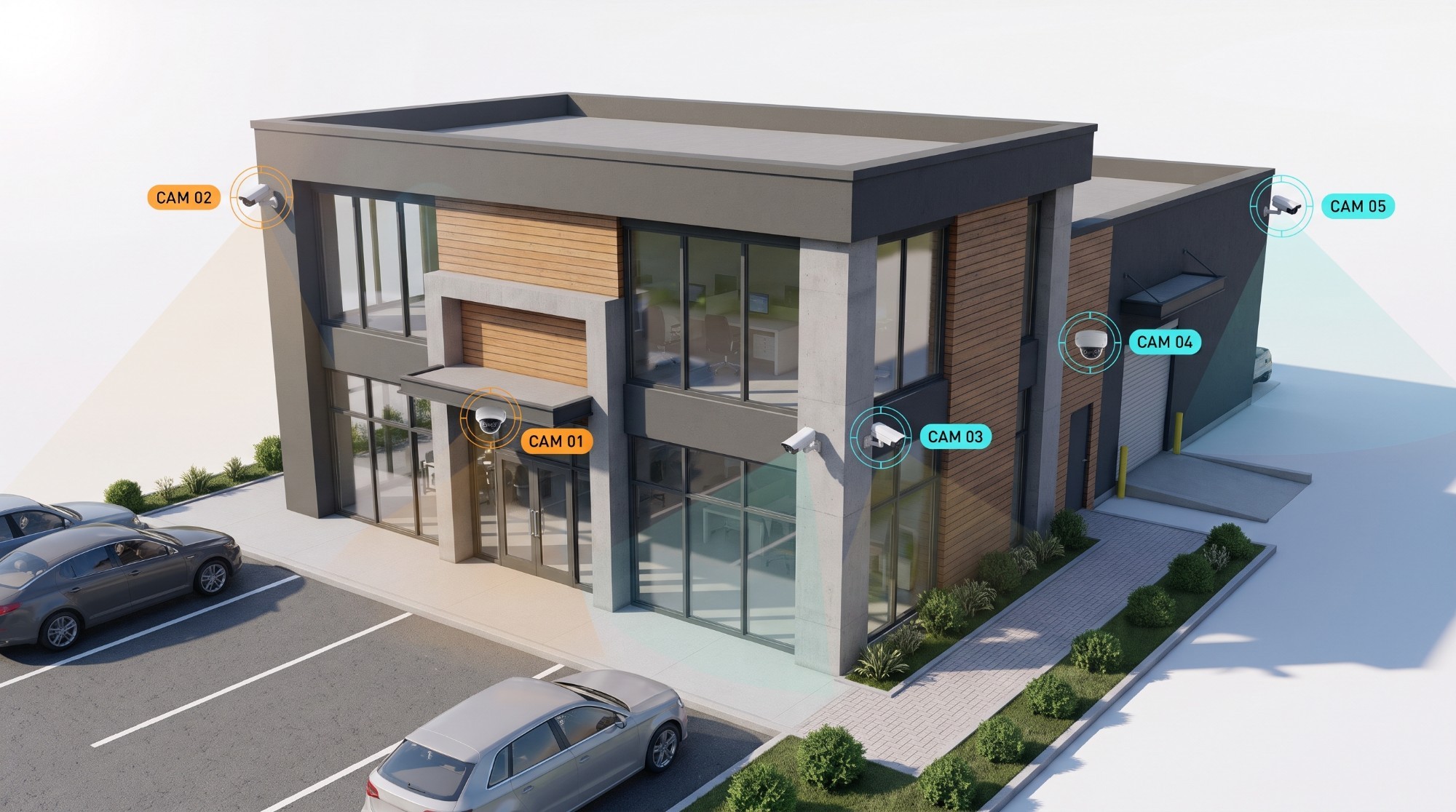 Business premises with five CCTV camera positions marked and the area each one covers