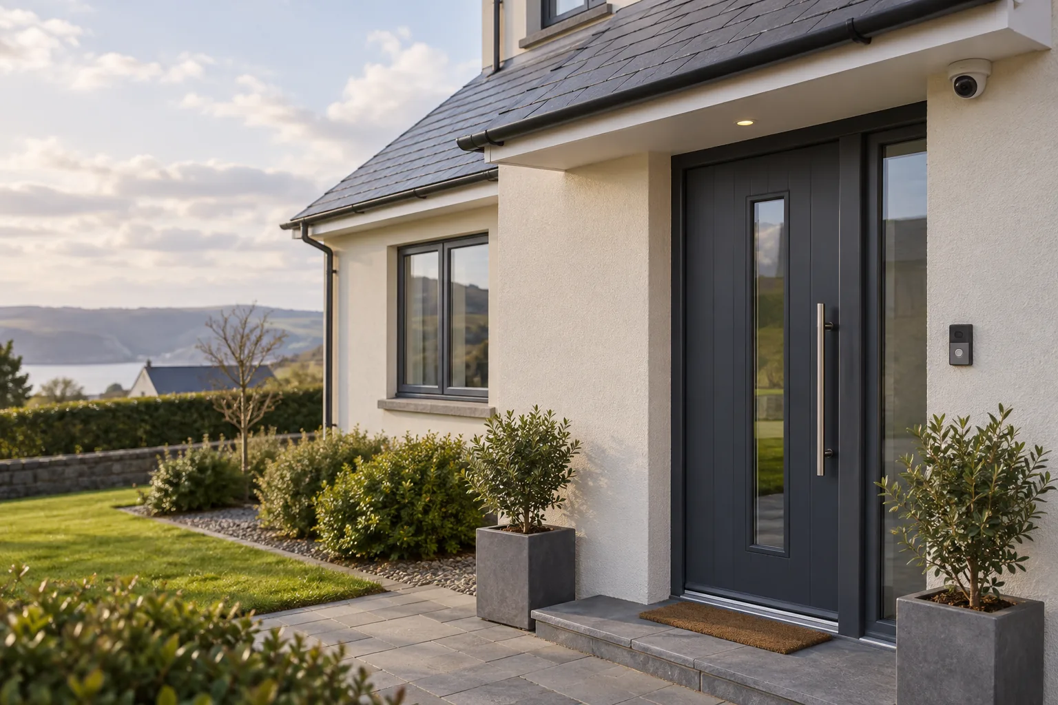 Home entrance with a doorbell and exterior camera