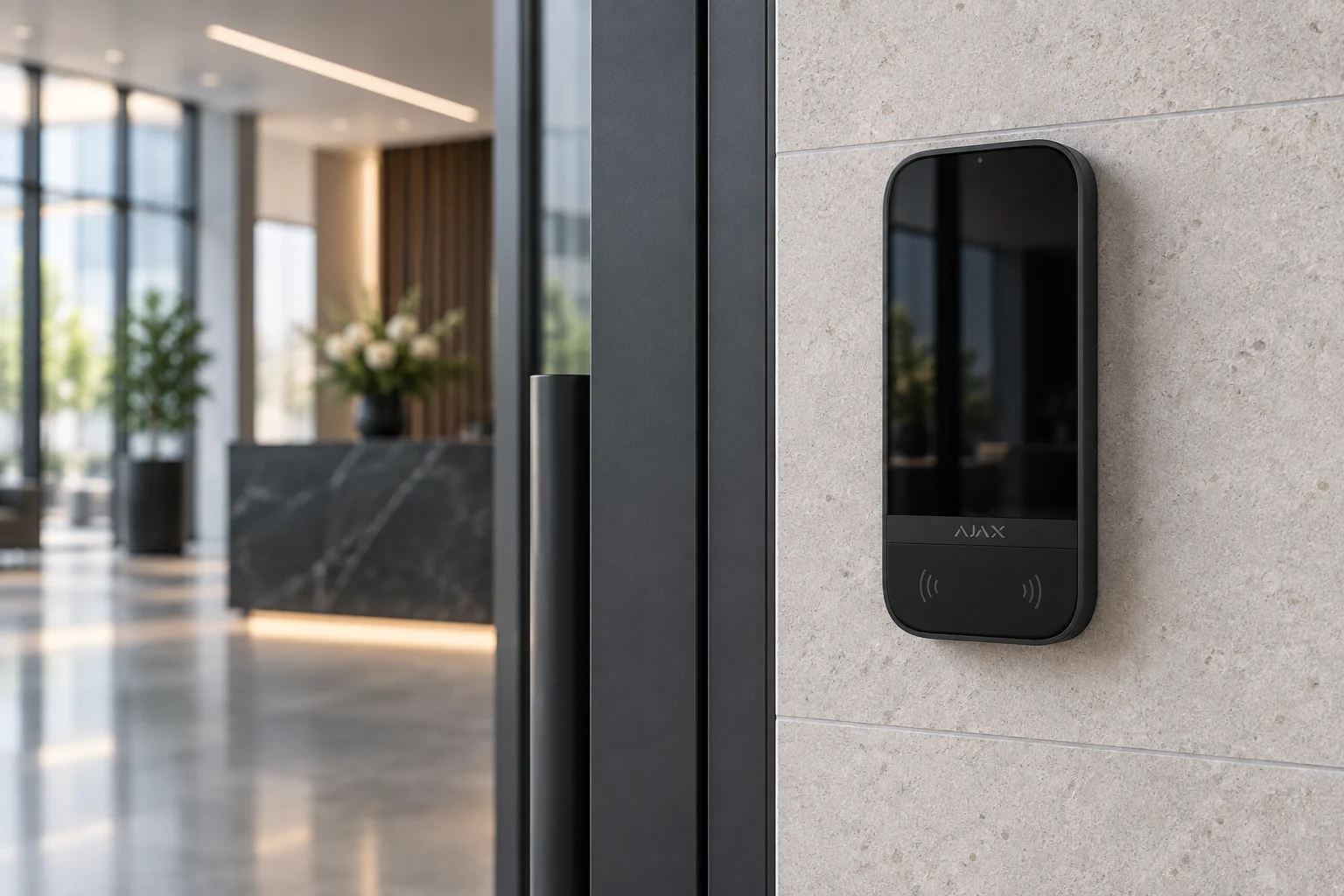 Ajax touchscreen keypad mounted beside a modern commercial entrance