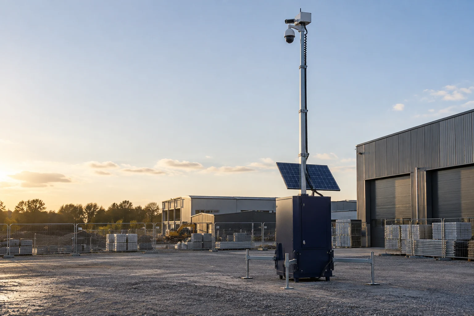 Mobile CCTV tower on deployed stabilisers at a commercial compound