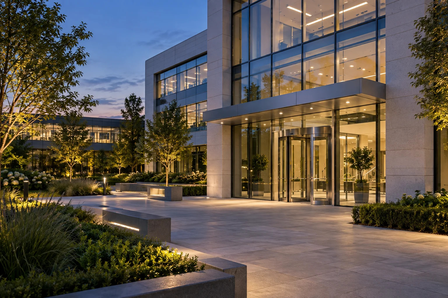 Contemporary commercial building entrance with glass frontage and landscaped grounds