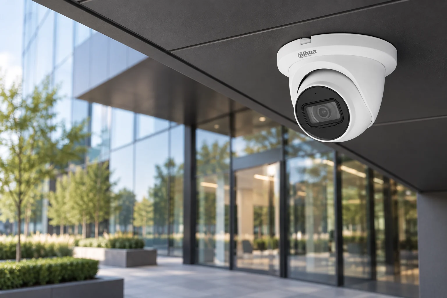 Dahua-style turret CCTV camera beneath a modern commercial entrance soffit