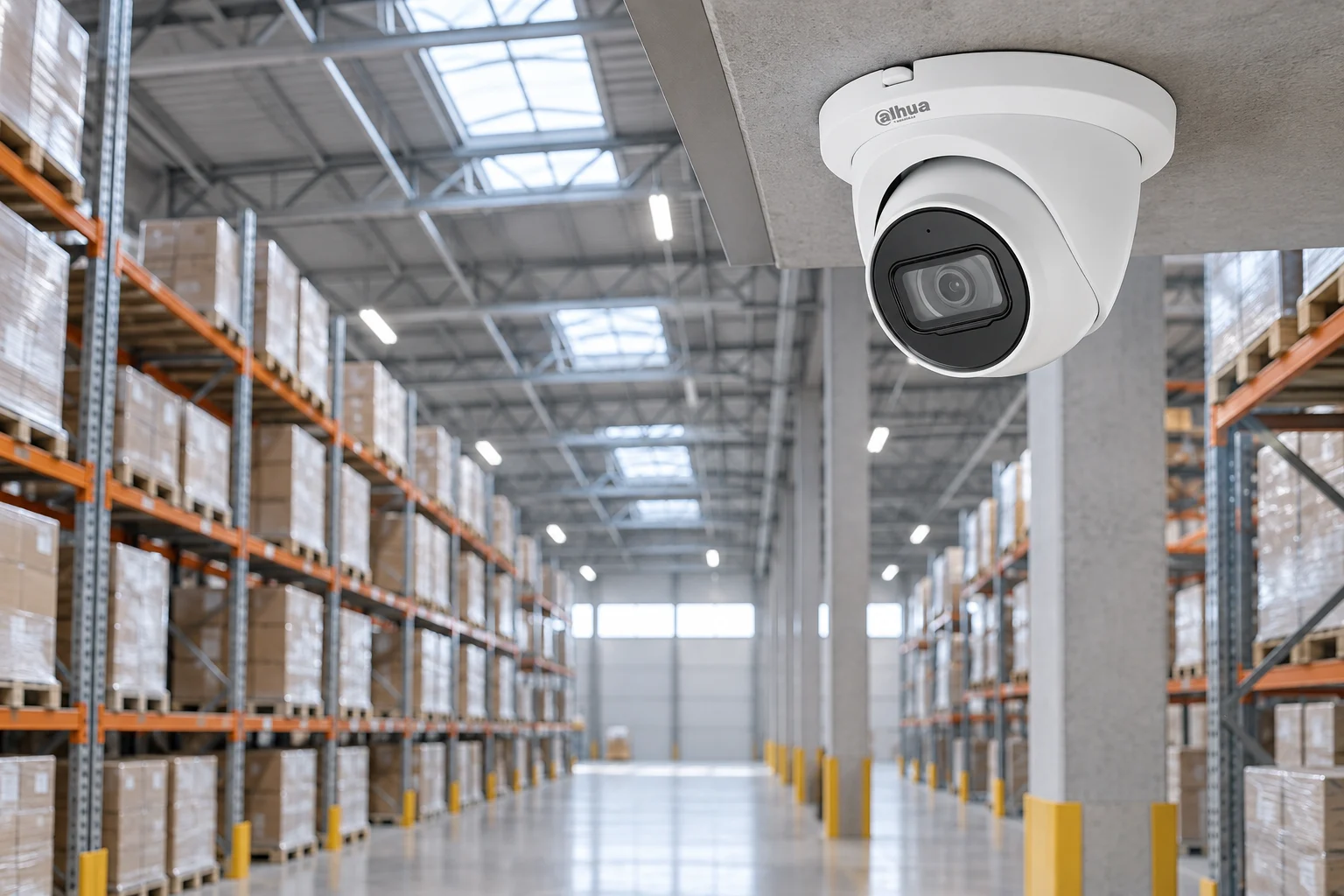 Dahua-style turret camera overlooking a bright logistics warehouse