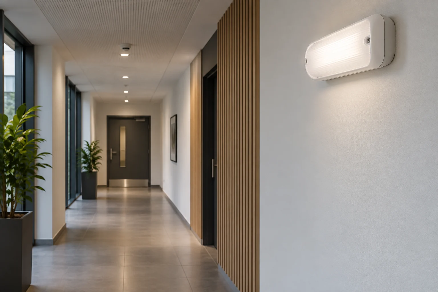 Emergency bulkhead light beside a clear commercial escape route