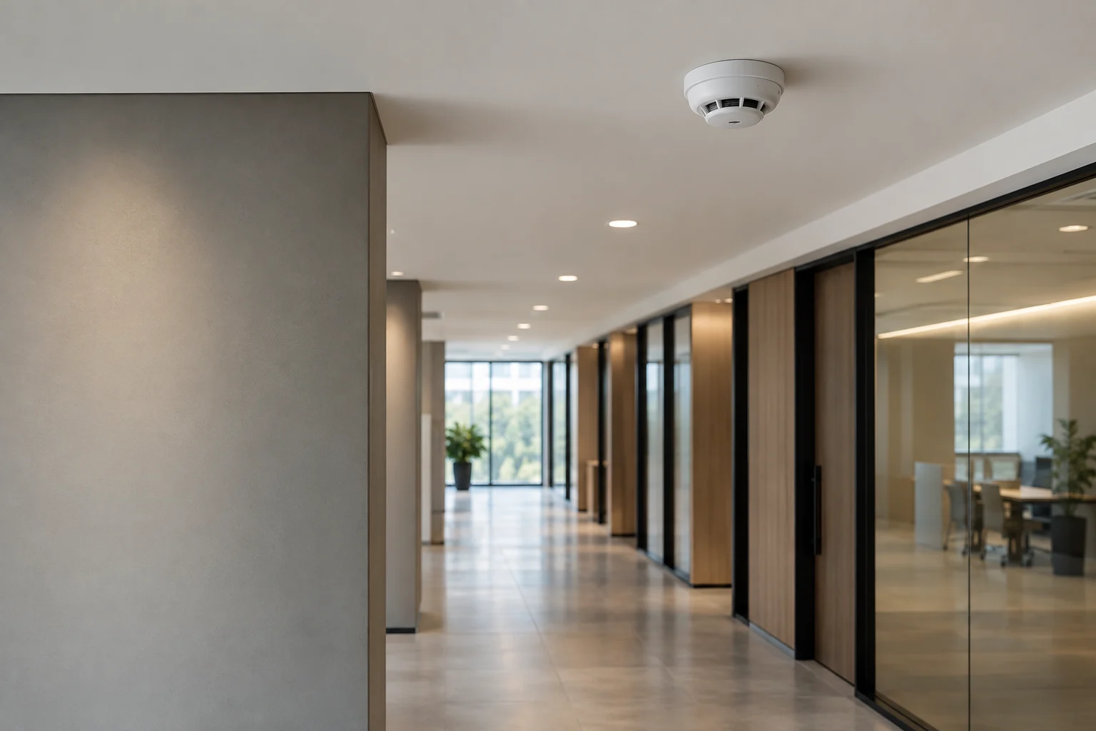 Ceiling-mounted optical fire detector in a modern commercial corridor