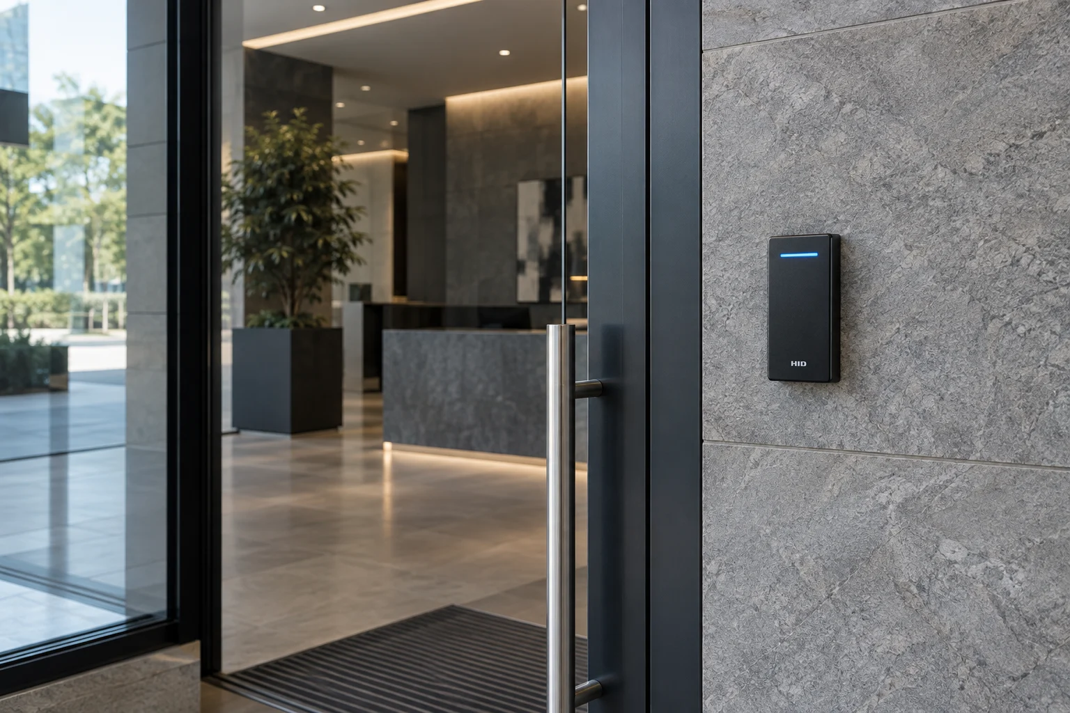 HID-style contactless access reader beside a glazed office door