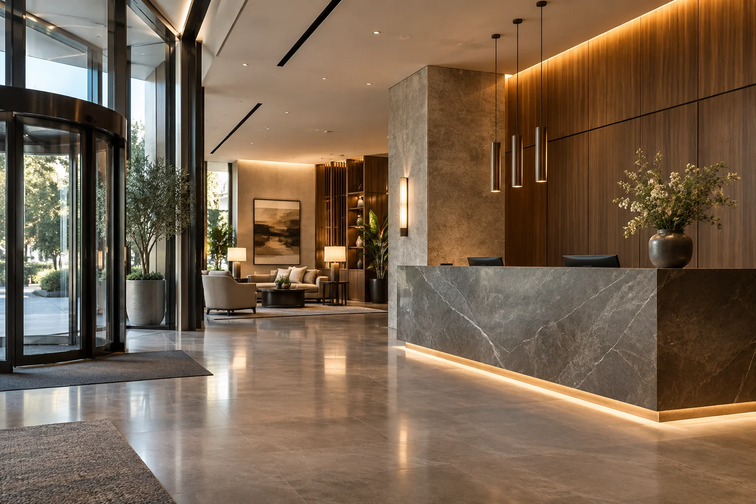 Contemporary hotel reception with stone counter and warm architectural lighting