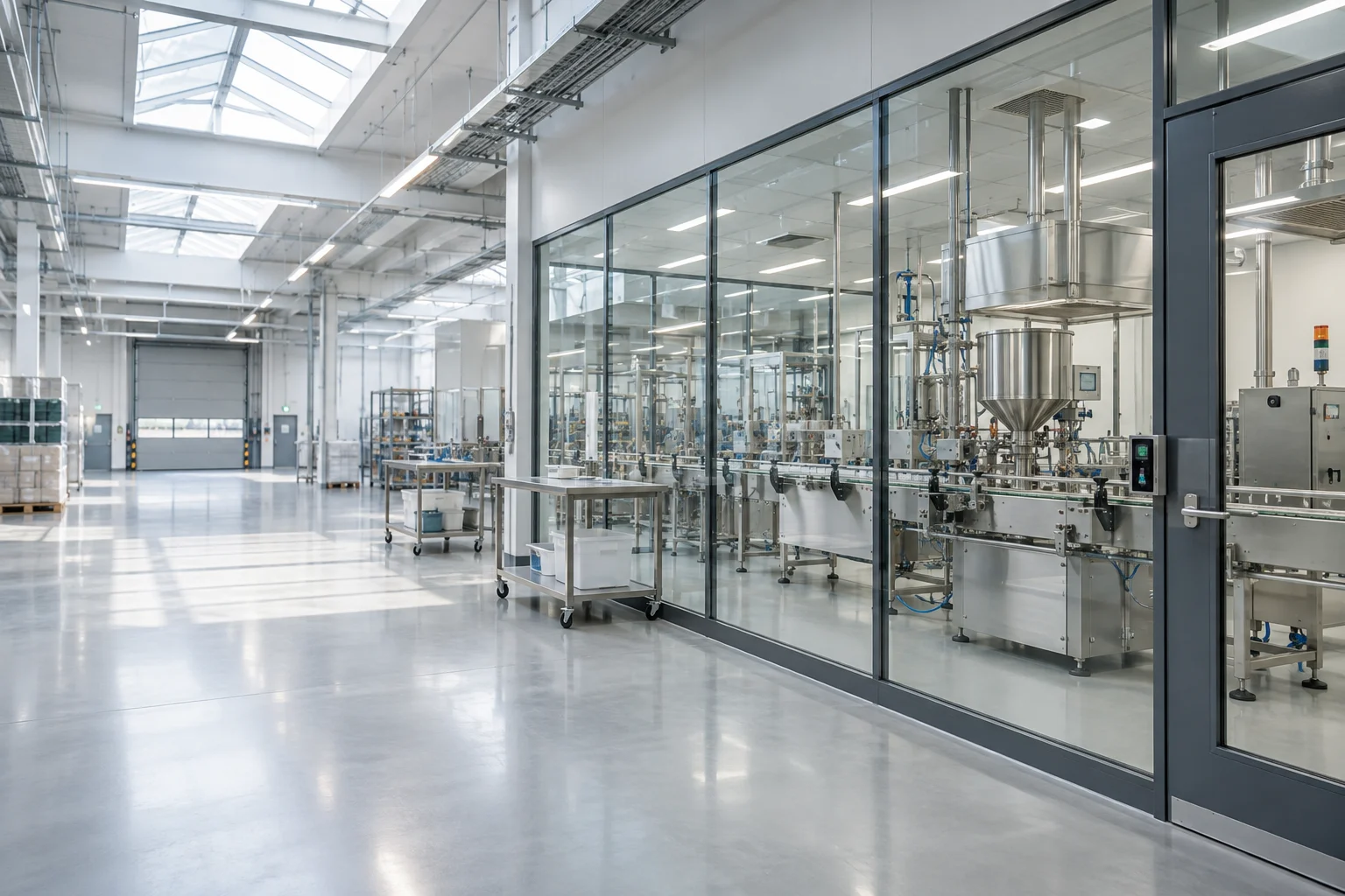 Modern manufacturing premises with glazed production areas and clear circulation routes