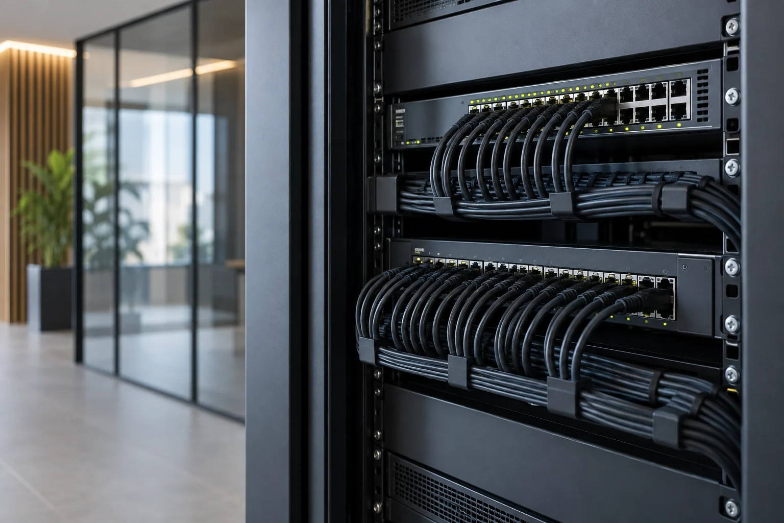 Neatly dressed network rack and patch cables in a modern commercial building