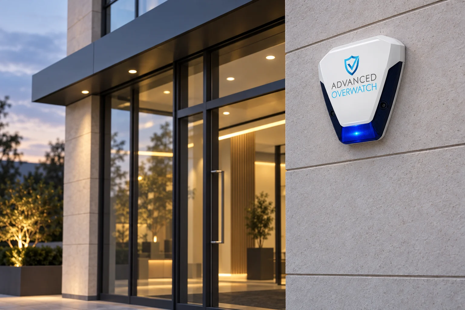 Advanced Overwatch branded ES-120 bellbox with blue LEDs beside a contemporary commercial entrance