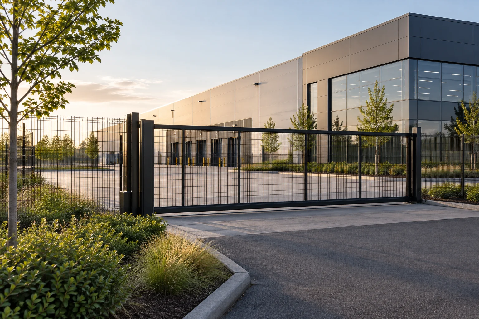 Security fencing and a closed sliding gate at modern commercial premises