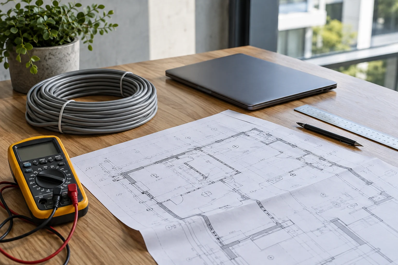 Security system planning desk with floor plans, a multimeter and cable