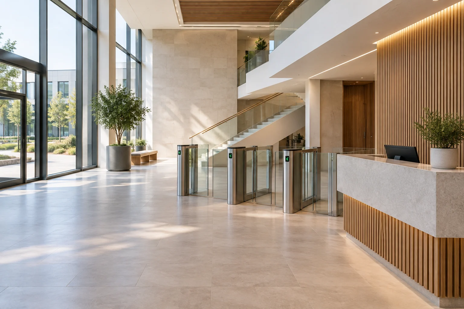 Bright contemporary public building reception with accessible circulation and entry gates