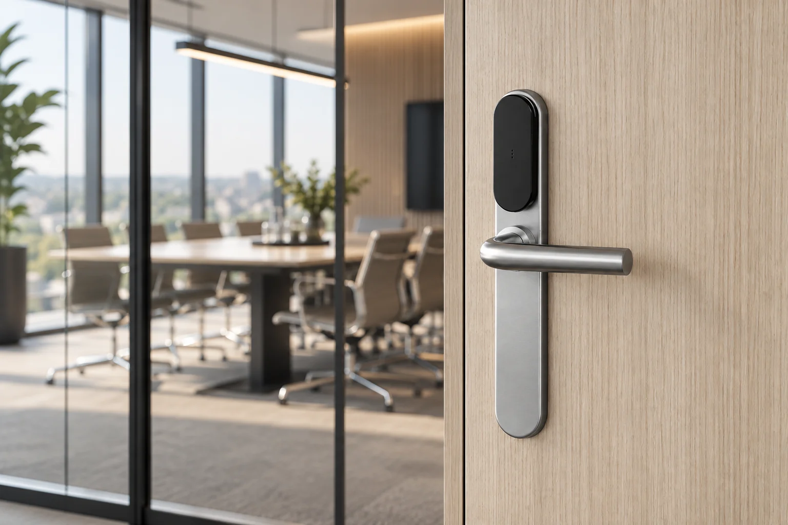 SMARTair-style electronic door handle and reader on an oak office door