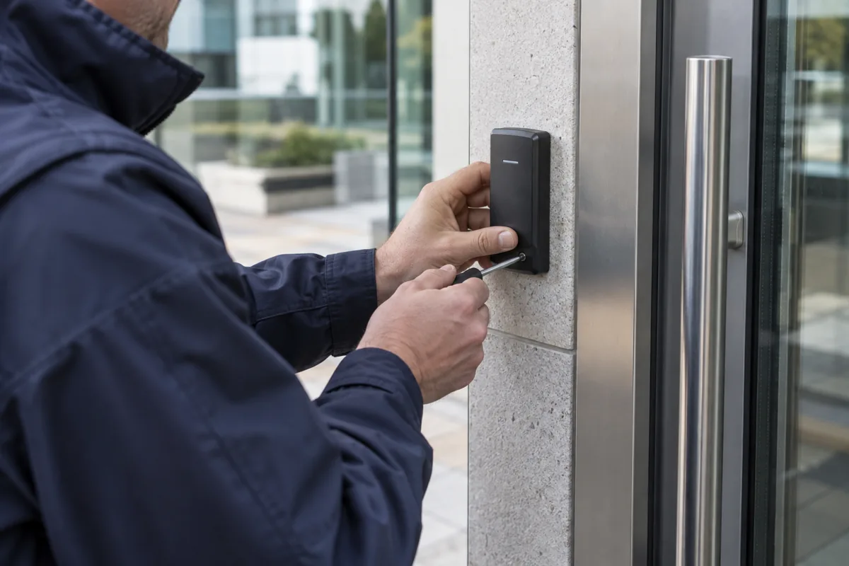 Security engineer installing an access control reader