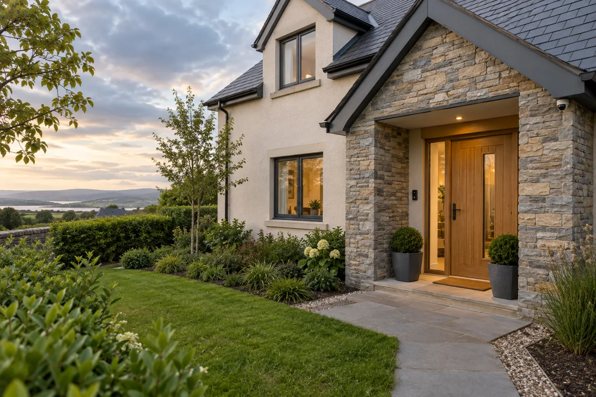 Stone-fronted rural home with a landscaped entrance and countryside beyond