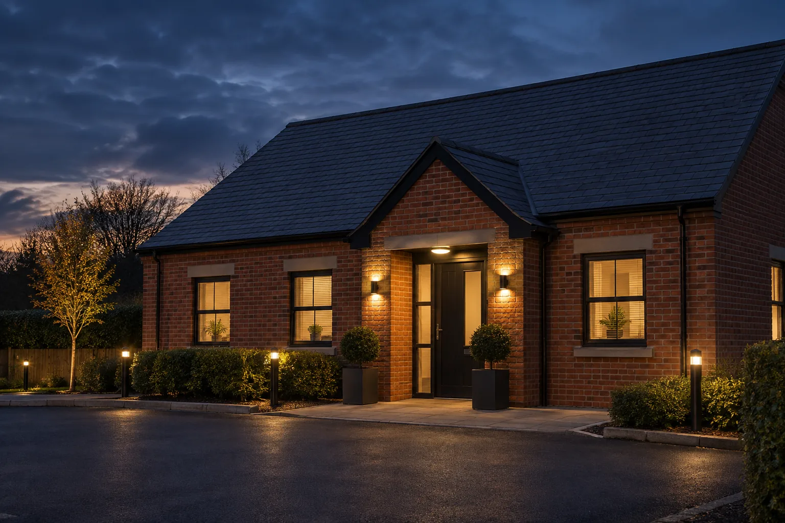 Small brick building at dusk with a lit entrance, warm windows and an empty forecourt.