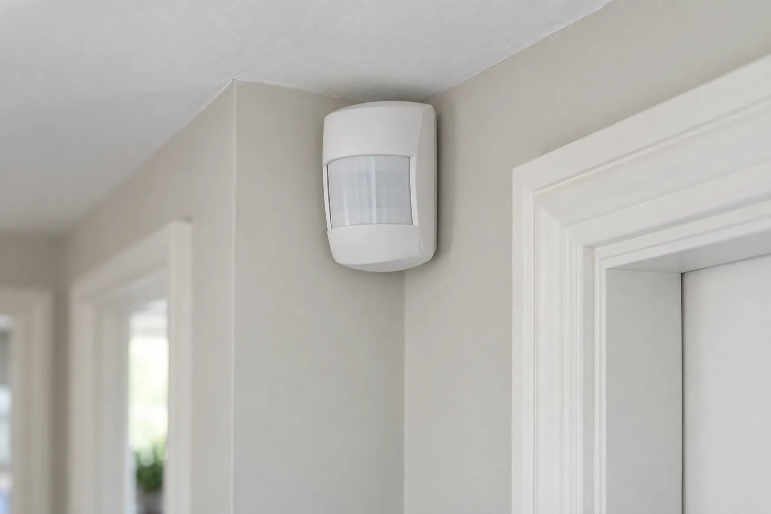 White intruder motion detector mounted high beside a doorway in a pale hallway.