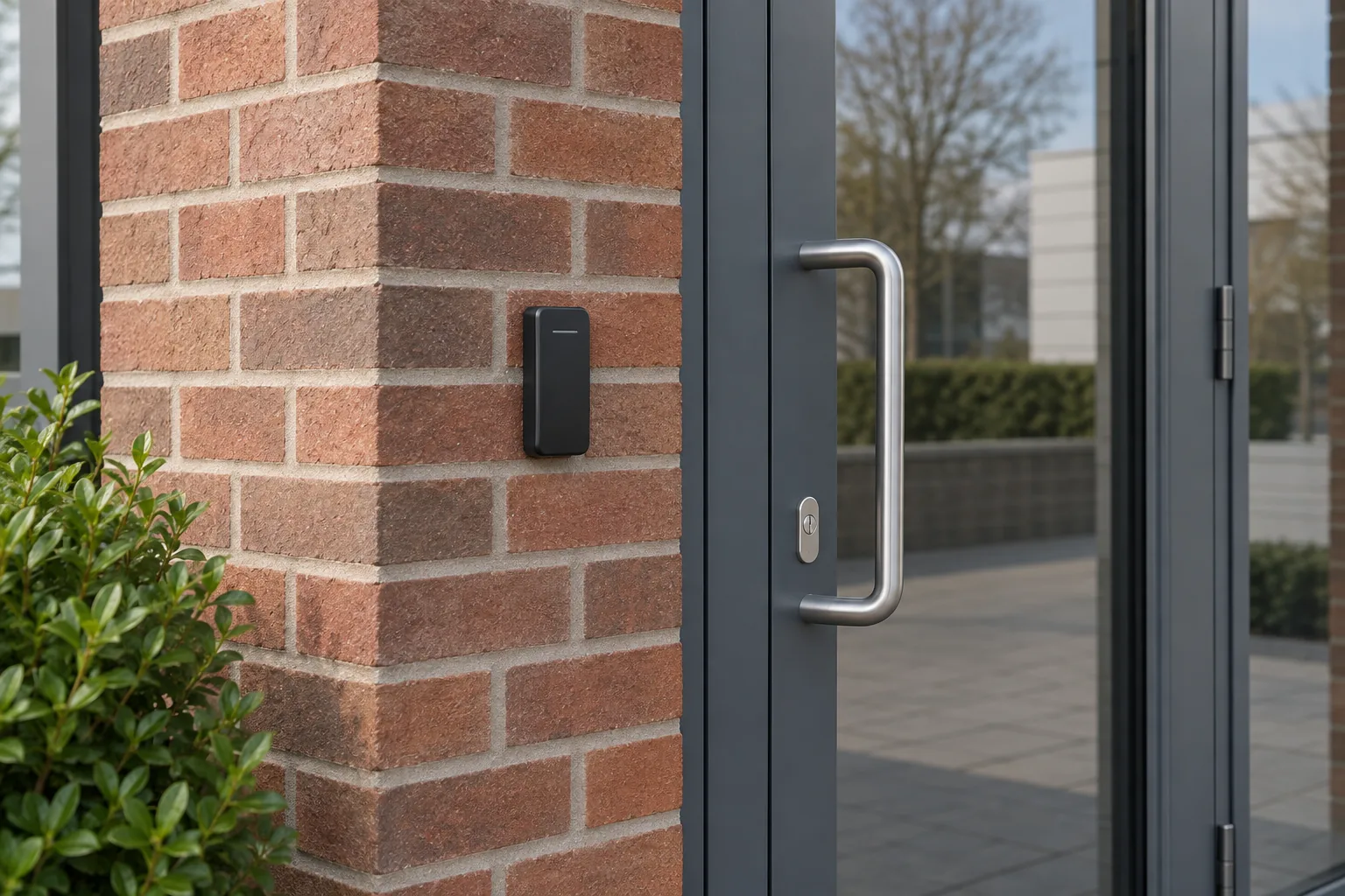 Black proximity reader on a brick pier beside a grey glazed door.