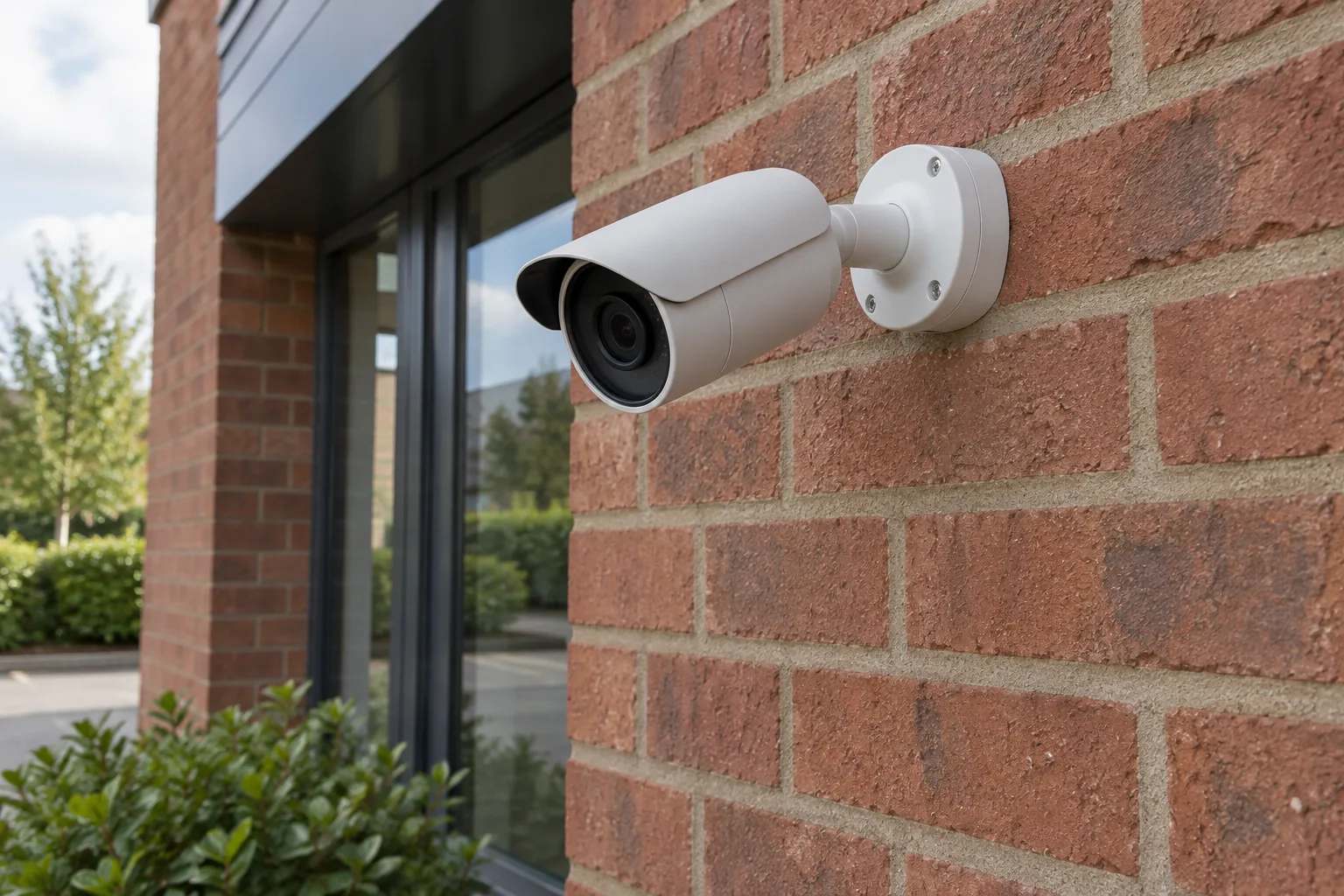 White bullet camera on a circular base fixed to a red-brick wall.