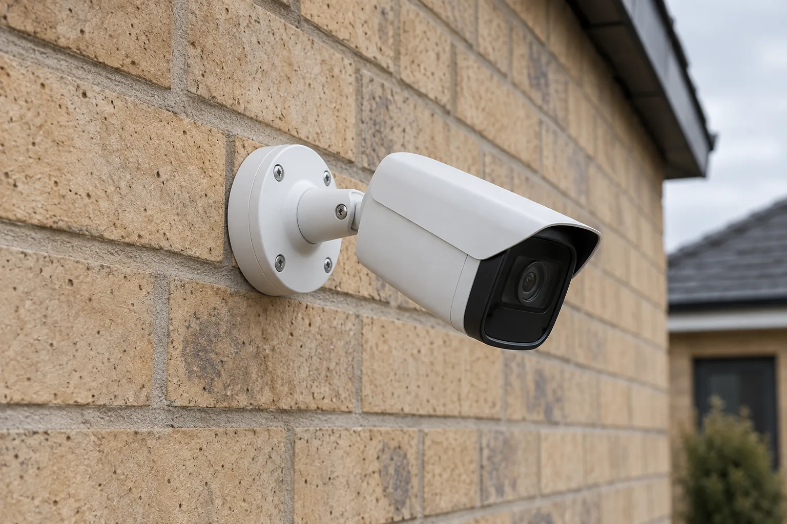 White bullet CCTV camera on a short bracket and circular mounting base fixed to a buff brick wall.