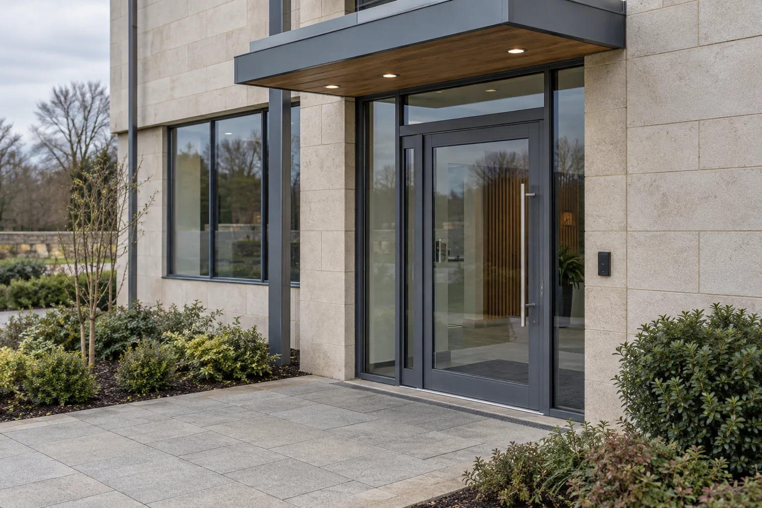Glazed office entrance with pale stone walls and a black access reader beside the door.