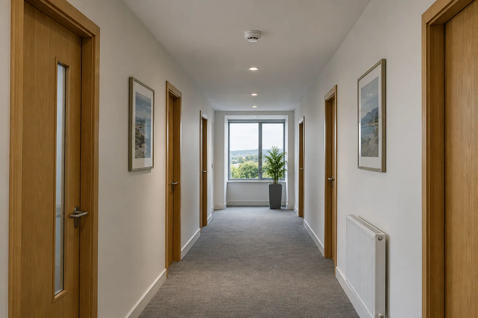 Office corridor with timber doors, grey carpet and a white ceiling-mounted detector.