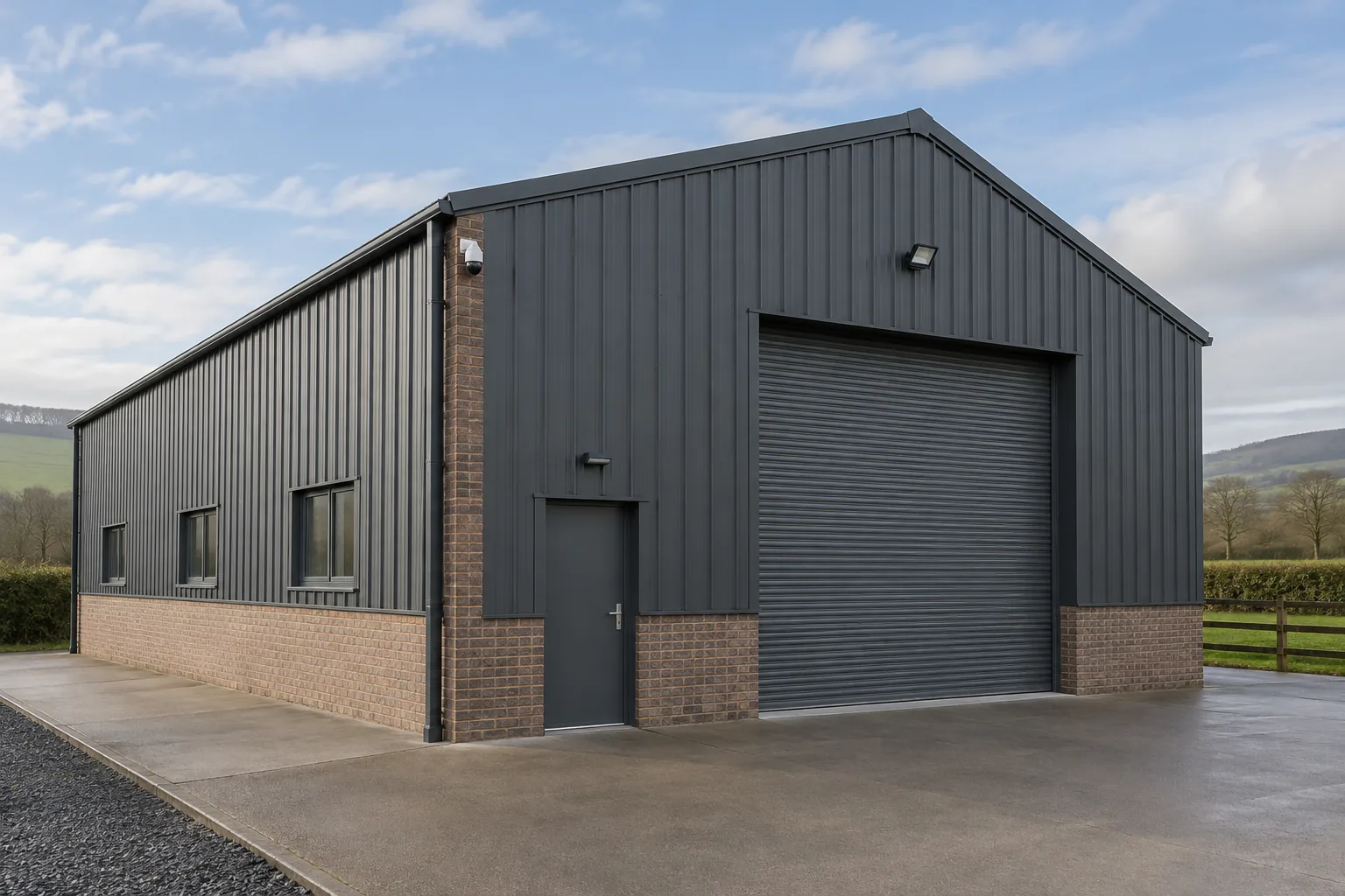 Charcoal-clad workshop with a closed roller shutter and a small camera on a brick corner pier.