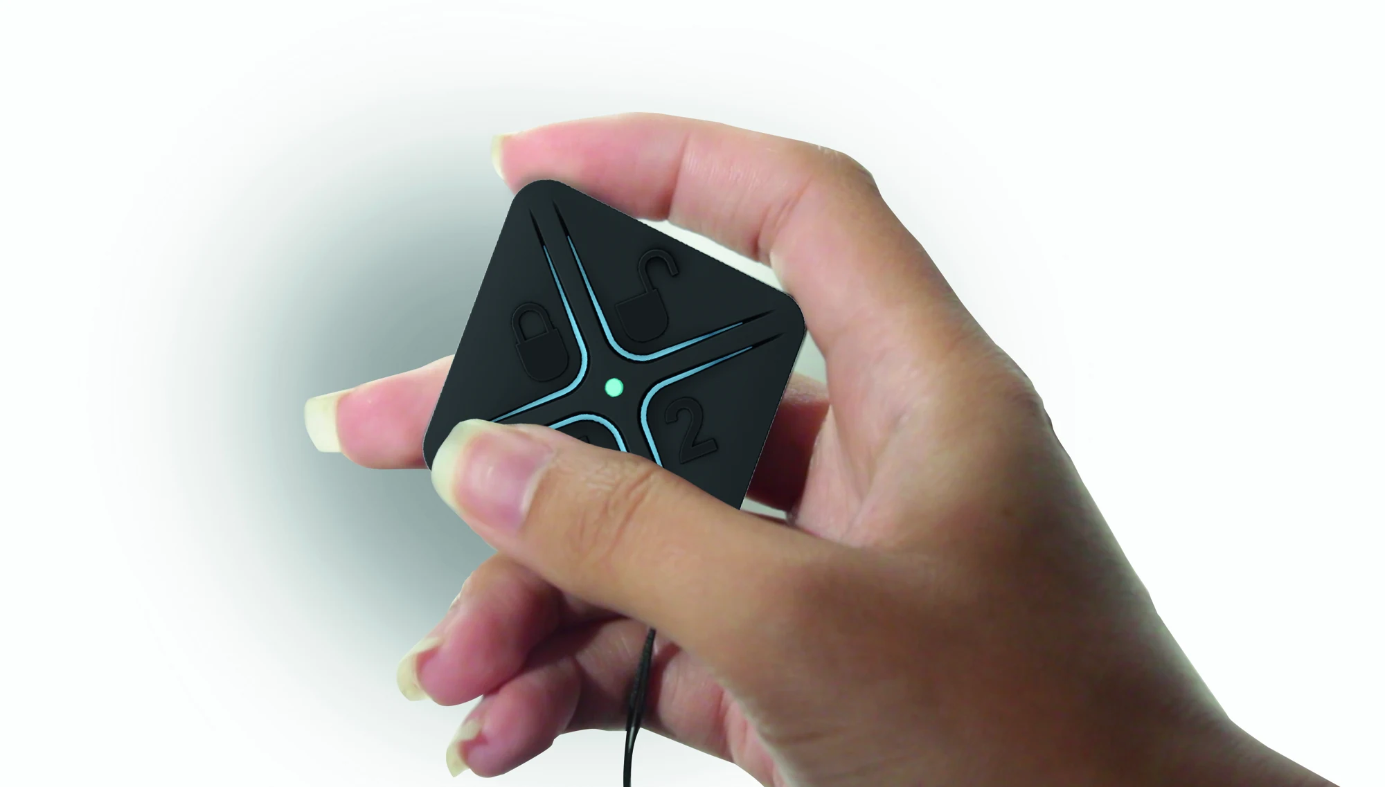 Hand holding an intruder alarm keyfob with arm and disarm buttons