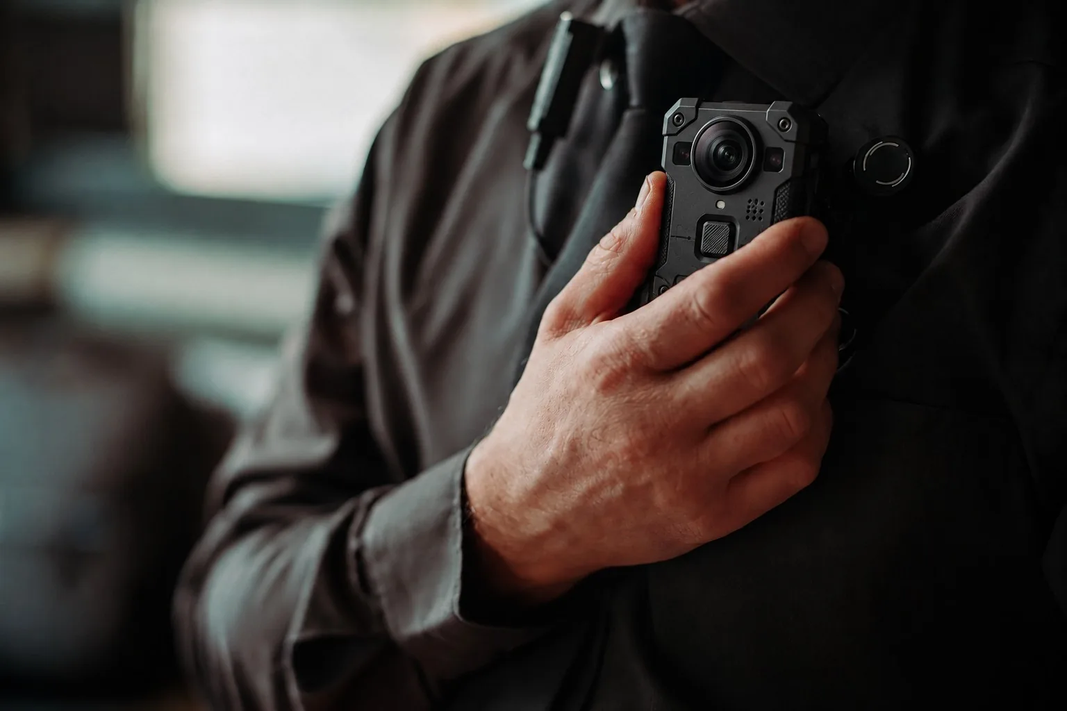 A person in a dark uniform shirt holding a body worn camera clipped to their chest