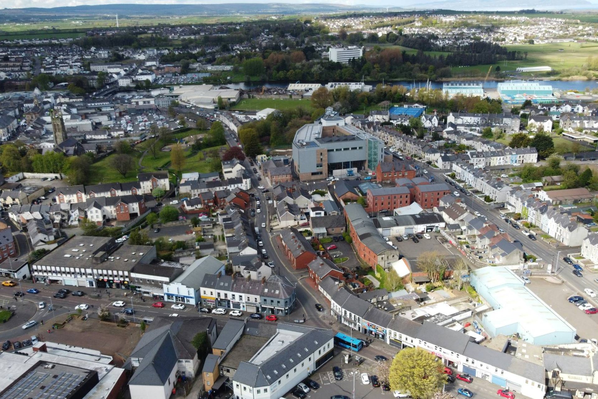 Aerial view of Coleraine town centre and the River Bann