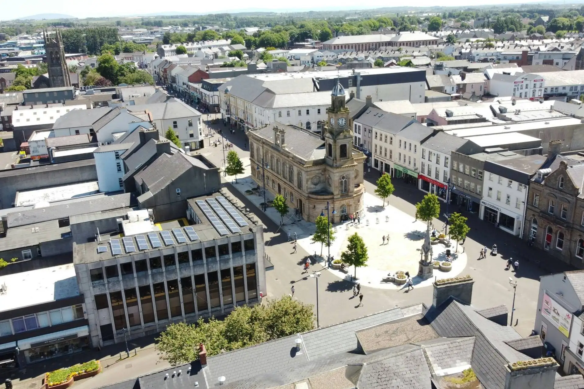 Aerial view of Coleraine town centre and the Town Hall