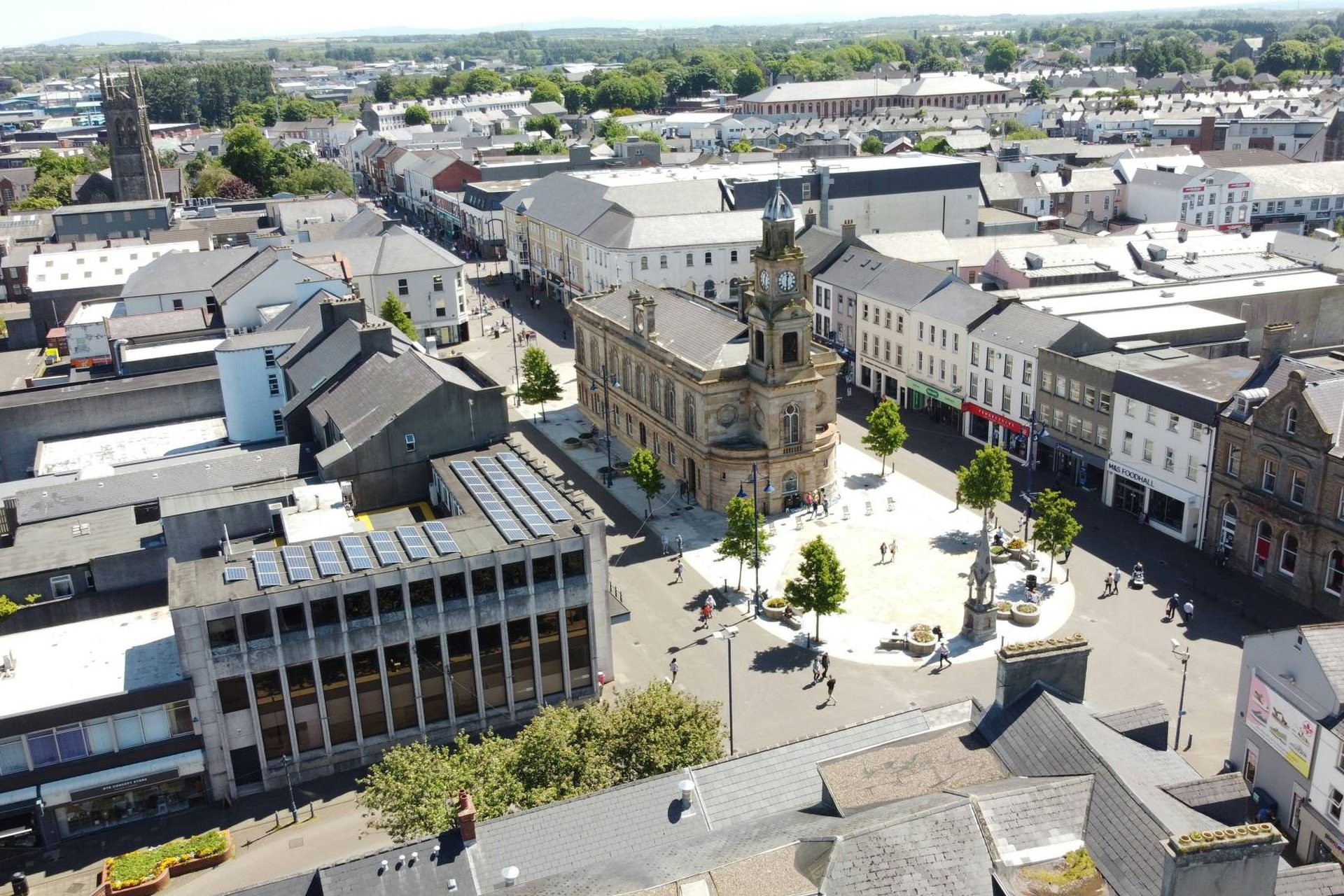 Aerial view of Coleraine town centre and the Town Hall