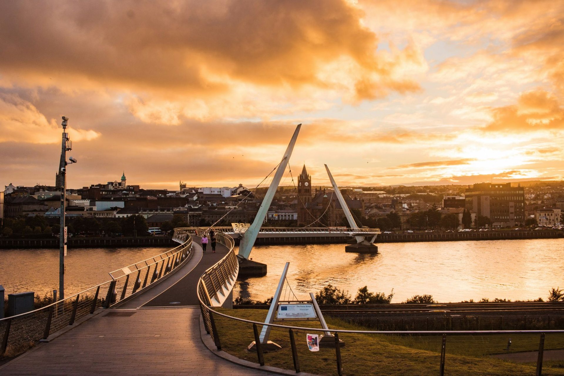 The Peace Bridge over the River Foyle at sunset, Derry