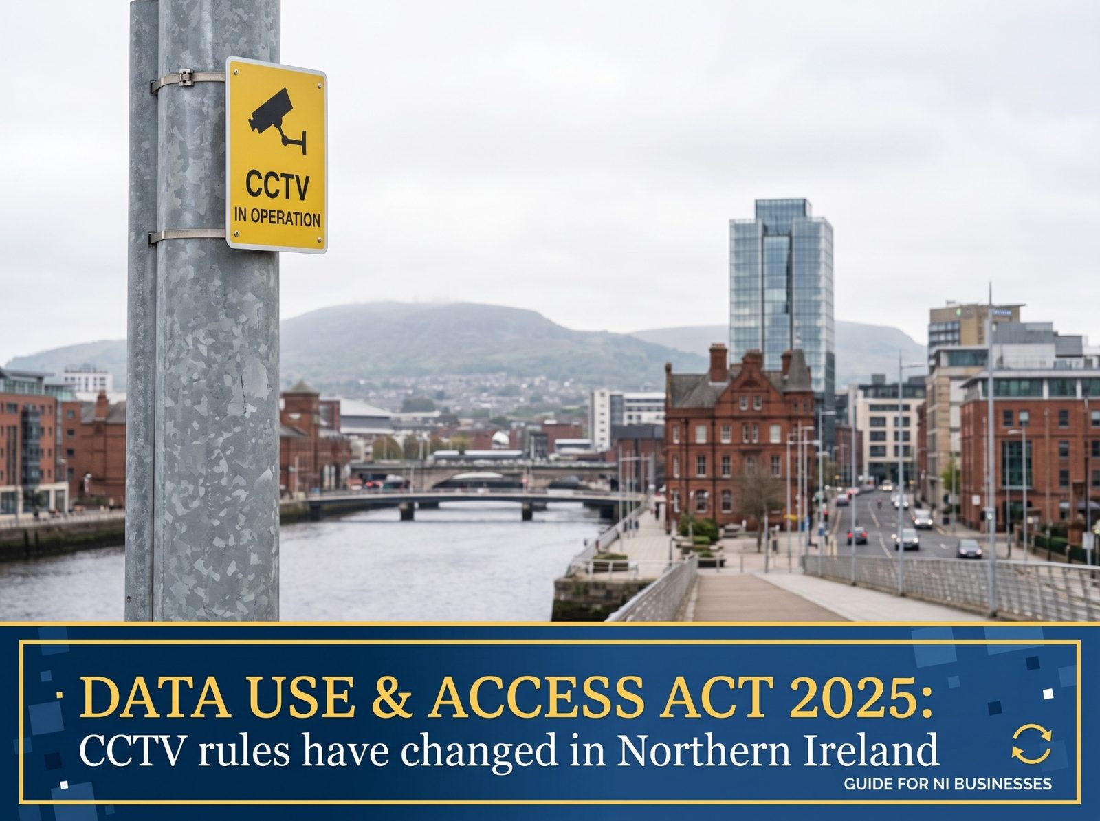 CCTV in operation sign beside the River Lagan in Belfast, Data Use and Access Act 2025 guide for Northern Ireland businesses